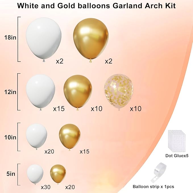 White and Gold Balloons Arch Kit, 18 12 10 5 inch, - Image 2
