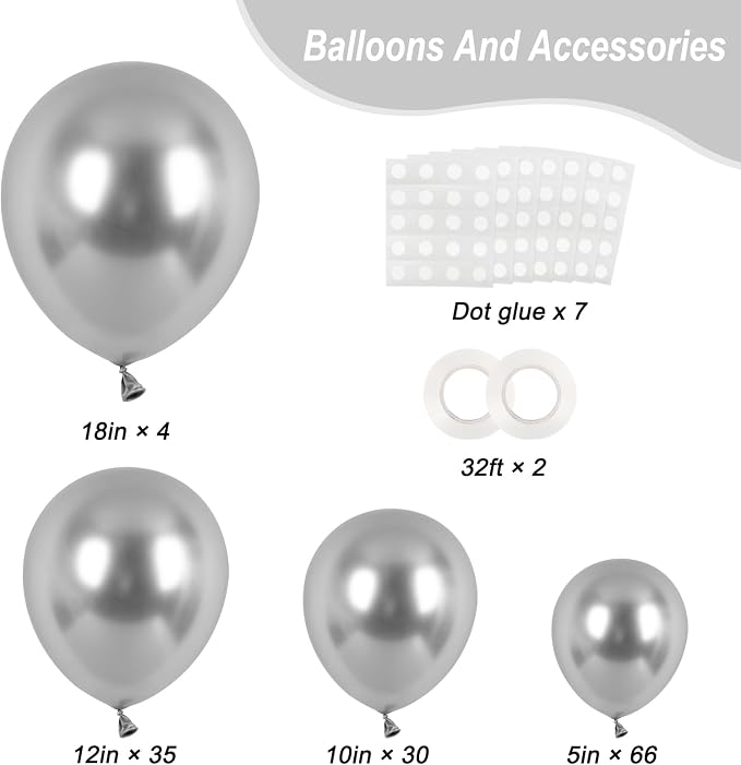RUBFAC 135pcs Metallic Silver Balloons Different Sizes 18 12 10 5 Inch - Image 2