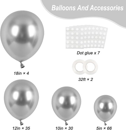 RUBFAC 135pcs Metallic Silver Balloons Different Sizes 18 12 10 5 Inch - Image 2