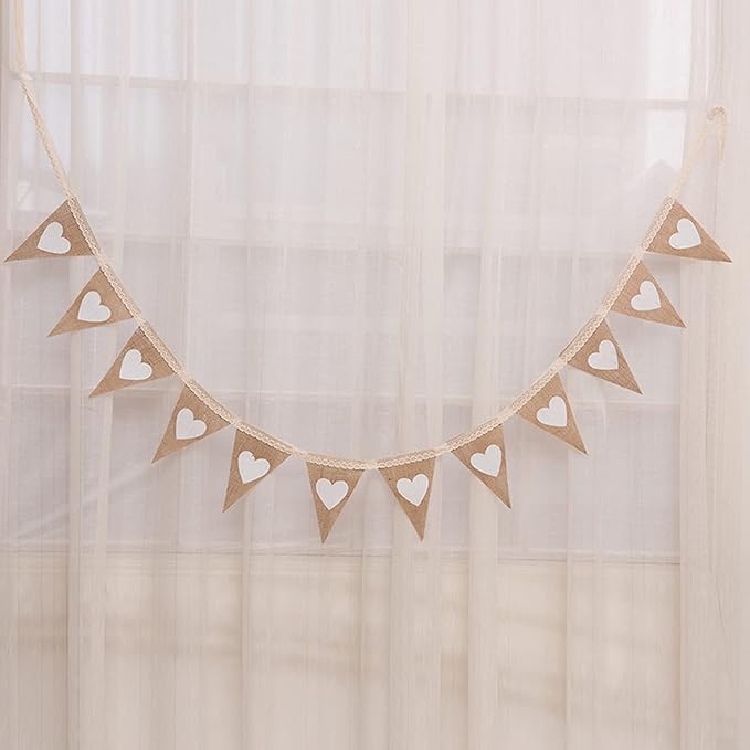 FQTANJU 12Pcs Vintage Heart Jute Burlap Bunting Banner Hessian Flag - Image 5