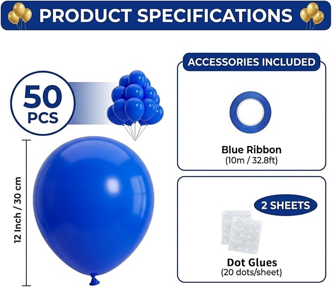 50pcs 12 Inch Royal Blue Latex Balloons | Premium Helium Quality Blue Balloons - Image 2