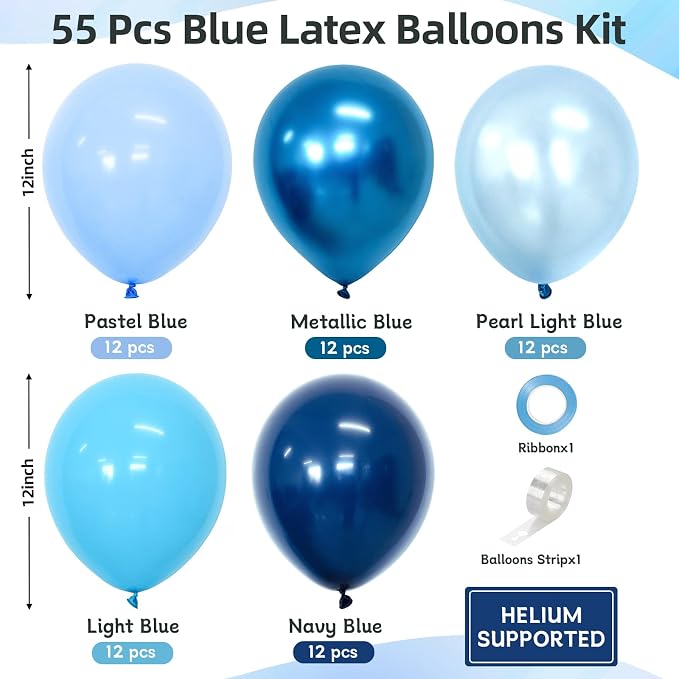 Blue Balloons 60 pcs 12 Inch Light Navy Baby Pearl Blue Metallic Latex Balloons - Image 2