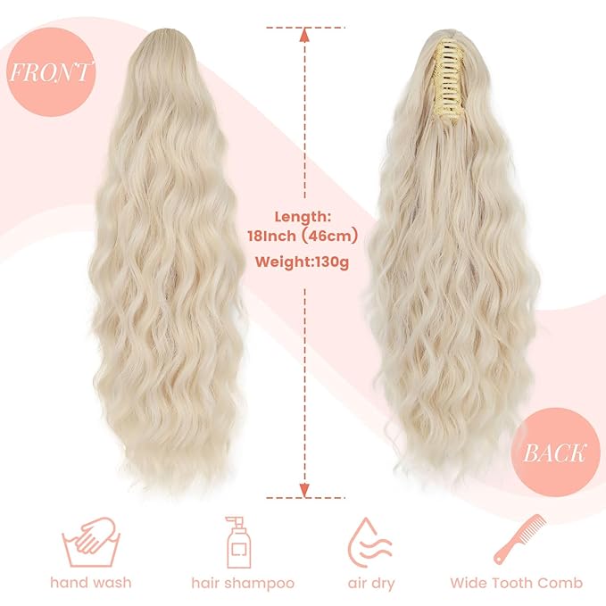 Claw Wavy Ponytail Extension 18 Inch for Women Curly Pony Tail Clip in Hair Extensions Shoulder Length Fluffy Natural Looking Synthetic Hairpiece for Daily Use (Ash Blonde)