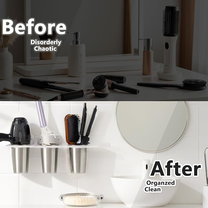 Hair Hot Tools Wall Mount, Hair Tool Organizer Acrylic Wall Holder With Stainless Steel Cup 4 Cup for Curling Iron Storage Flat Iron Organizer Blow Dryer Storage For Bathroom Vanity Salon