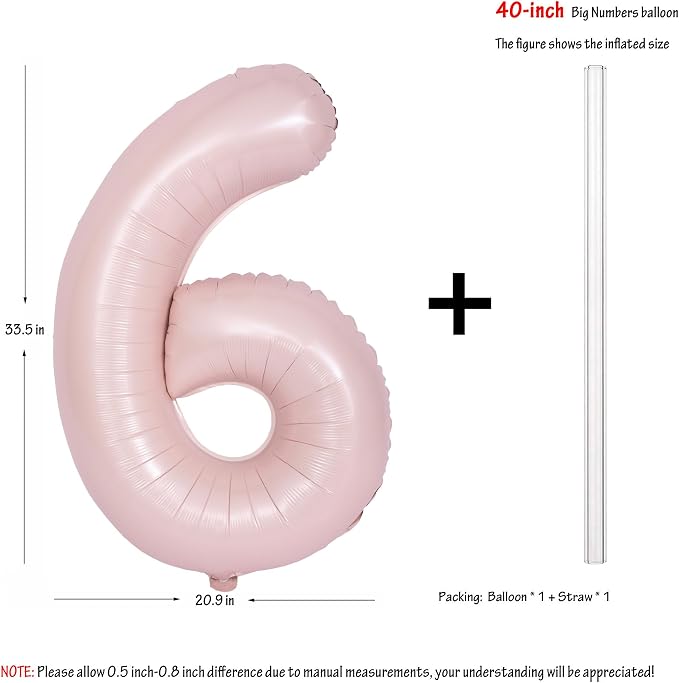 40 Inch Pink Number 6 Foil Balloon Light Pink Digital 6 Helium Balloon | - Image 2