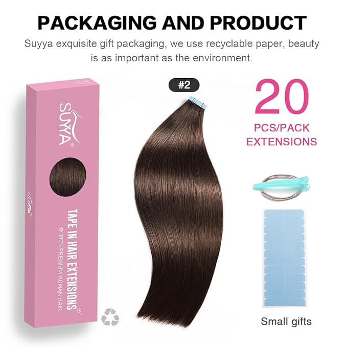 SUYYA Tape in Hair Extensions Human Hair 100% Remy Human Hair 20pcs 50g/pack Straight Seamless Skin Weft Glue in Hair Extensions(20Inch #2 Darkest Brown)