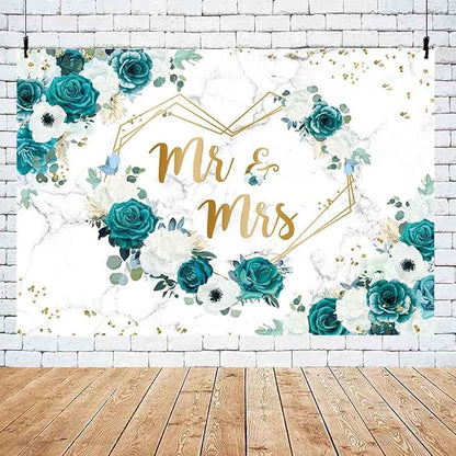 AIBIIN 10x7ft Green Mr and Mrs Floral Backdrop Teal Wedding Photography - Image 5