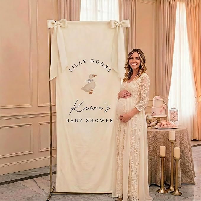 Personalized Silly Goose Baby Shower Fabric Sign Hello Baby Linen Backdrop | - Image 2