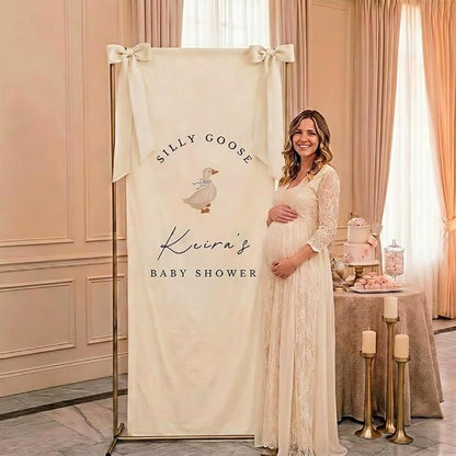 Personalized Silly Goose Baby Shower Fabric Sign Hello Baby Linen Backdrop | - Image 2