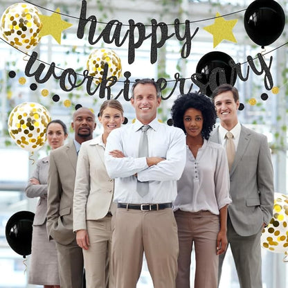 Happy Workiversary Banner Black Gold Glitter Work Anniversary Party Decorations - Image 6
