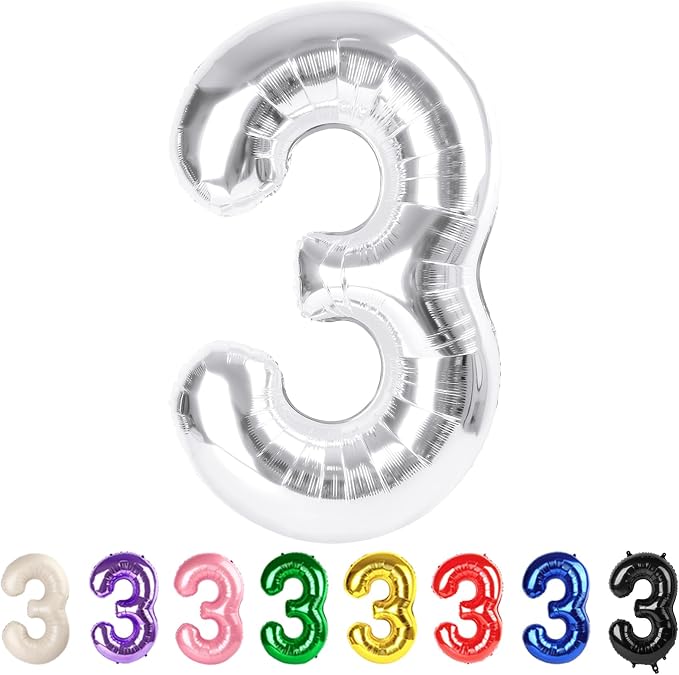 3 Balloon Numbers Party Decorations, 40In Silver Balloons by Mluchee
