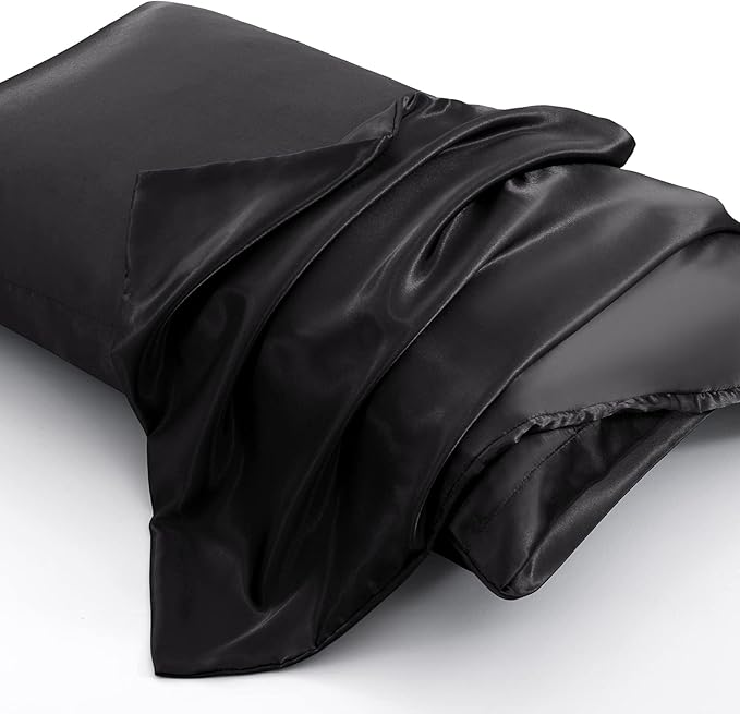 Aormenzy Satin Pillow Cases for Women Queen Size Set of 2, Black Satin Pillowcase for Hair with Envelope Closure Silky Pillow Covers Wrinkle, Fade Resistant (20x30 Inches)