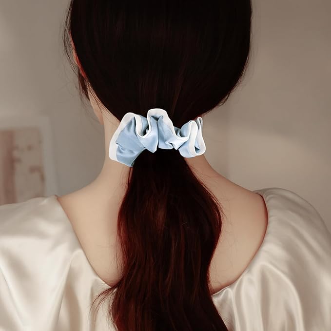 DAISYSILK Pure Mulberry Silk Hair Scrunchie for Women Gentle No-Crease Silk Hair Tie Smooth Elastic Ponytail Holder (Ice Blue)