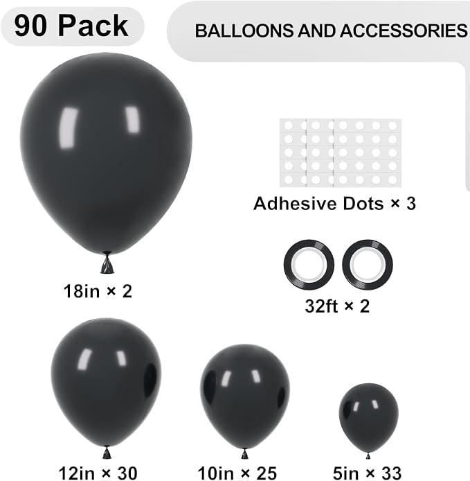 Voircoloria 90pcs Black Balloons Garland Arch Kit, 18 12 10 5 Inch | - Image 2