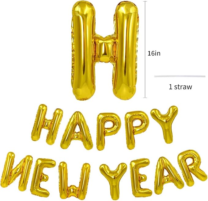 TONIFUL Gold Happy New Year Balloons 16 Inches Mylar Foil Letter Sign Banner - Image 2