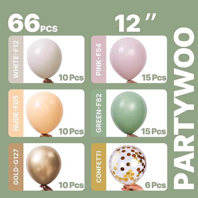 PartyWoo Pink and Green Balloons 66pcs Metallic Green Dusty Pink Balloons | - Image 2