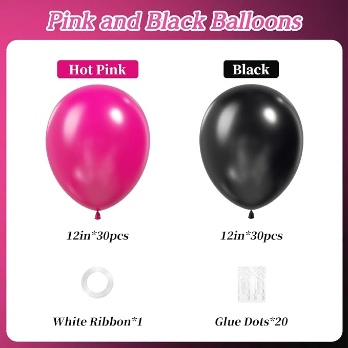 60pcs Hot Pink and Black Balloons 12inch - Image 2