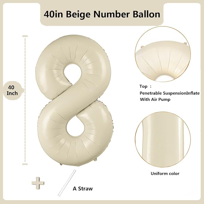 40 inch Cream White Number Balloon Giant Foil Helium Balloons Beige Number 8 - Image 2