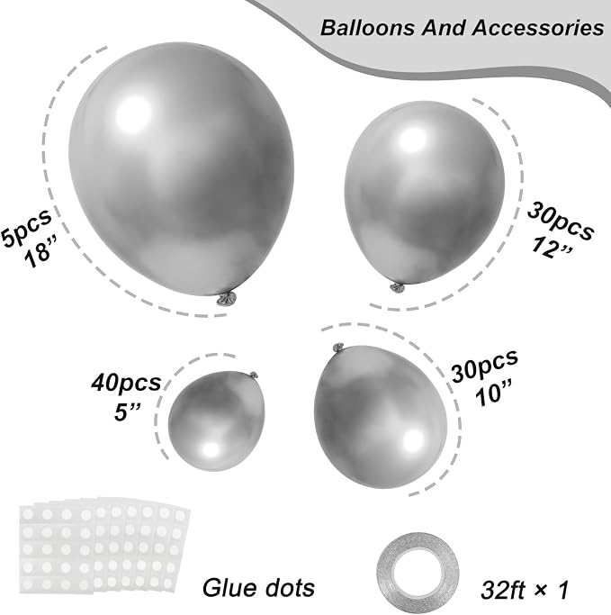 RUBFAC Silver Balloons Different Sizes 105pcs 5/10/12/18 Inch Metallic Silver - Image 2
