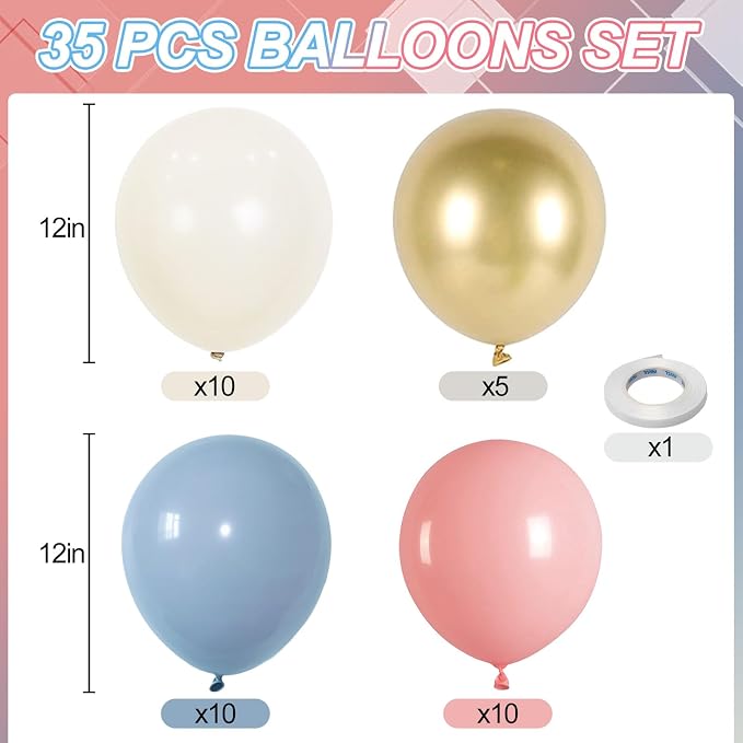 Gender Reveal Balloons, 12 Inch Dusty Pink Blue White Sand and Gold Balloons - Image 2
