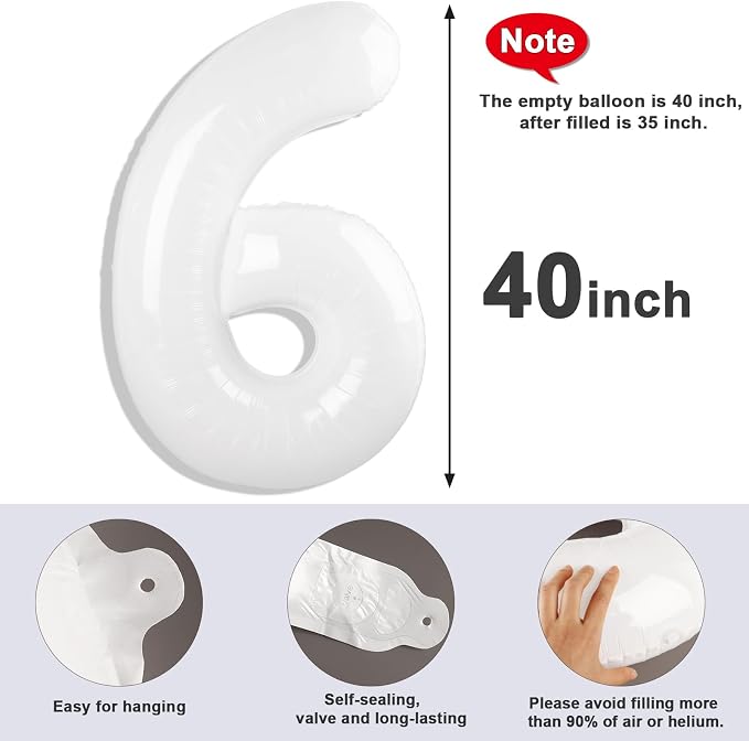 6 Balloon Numbers Birthday Decorations, 40In White Balloons - Image 6