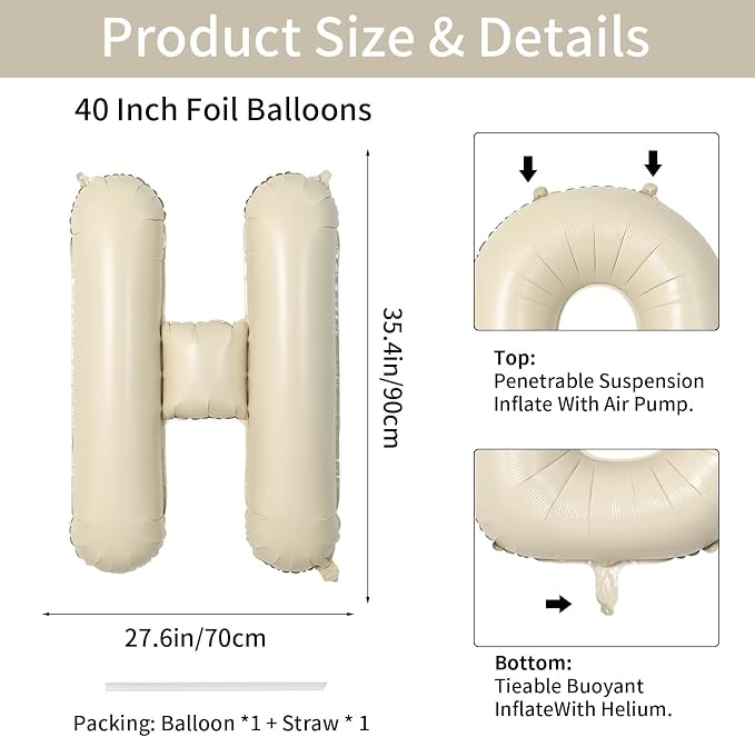 Biapian 40 Inch Letter H Balloons, Giant Cream H Foil Balloon, Big Single - Image 2
