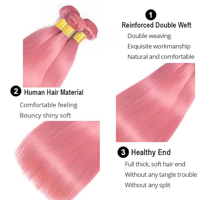 Light Pink Human Hair Bundles Pink Straight Bundles 24 26 28 Inch Niegmeag Hair Unprocessed Brazilian Virgin Remy Hair Extensions For Woman