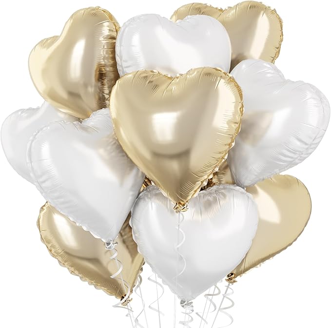 Gold White Foil Heart Balloons, 18 Inch 10 Pcs Pastel Yellow White Foil Heart by TAOYE