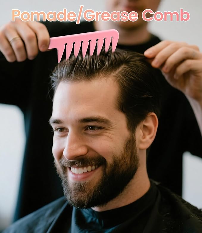 6PCS Professional Hair Comb Set for Women & Men Rat Tail, Wide & Fine Tooth Combs for Curly Hair, Braiding, Barber Styling, Cutting & Parting (Pink)