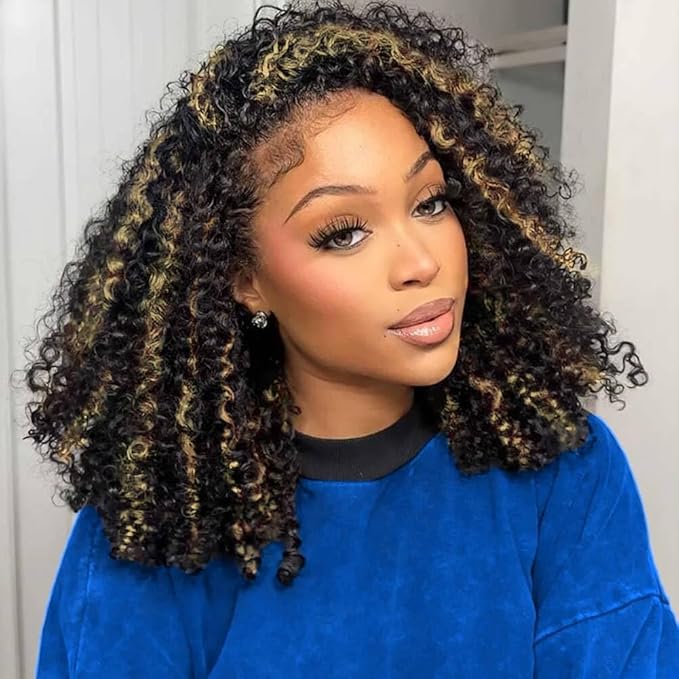 250% Density Curly Half Wig Human Hair Ombre Kinky Curly Wear Go Glueless Wigs Human Hair Balayage Highlight 3 In 1 Half Wig With Adjustable String Flip Over Beginner Friendly Invisible Hairline
