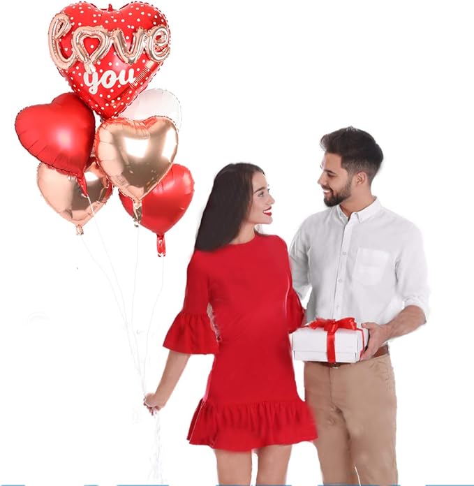 Red Heart Shape Rose Gold Love You Balloons Pack Of 6 Foil Helium Mylar Balloons - Image 5