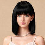 Allbell Black Wigs for Women Short Bob with Bangs Heat Resistant Synthetic Hair 12 inch for Daily Party Halloween Costume Use