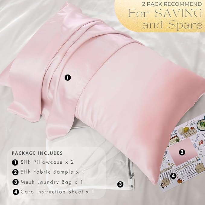PROMEED 23 Momme Silk Pillowcase 2 Pack, Both Sides 100% 23 Momme Mulberry Silk Pillow Case Set of 2, Hidden Zipper Closure for Easy Set (Queen 20"x30", Pink)