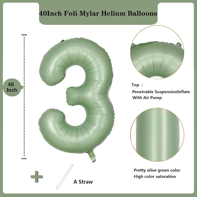 Green Number 3 Balloon 40 Inch Olive Green Foil Balloon Sage Green 3 Balloons - Image 2