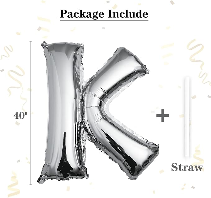 40 inch Silver Letter K Balloon, Big Size Alphabet Foil Mylar Helium Balloons - Image 2