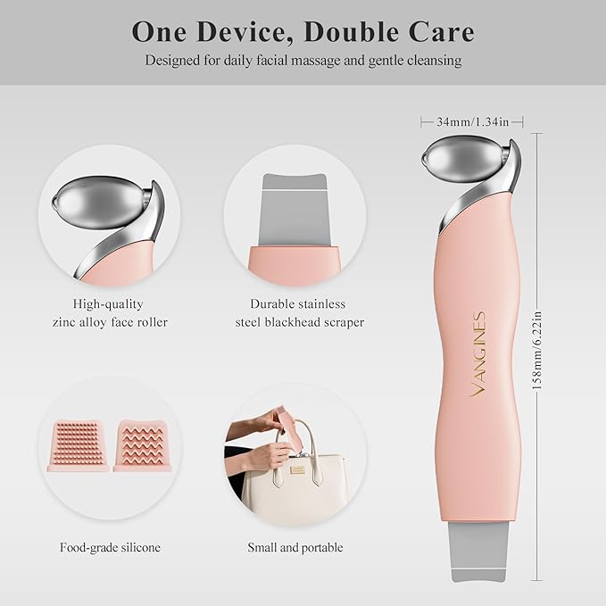 Blackhead Scraper Tool & Skin Scrubber Face Spatula for Blackhead Removal, Pore Cleaning, with Cooling Ice Roller & 2 Silicone Brush Heads (Dusty Rose)