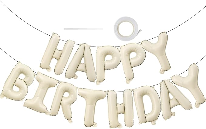 16" Cream Happy Birthday Balloon Banner Foil, Ivory White | white happy by SewhickDecorationSupplies