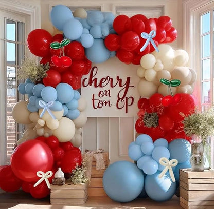 Red Blue Cherry Balloon Arch Kit Double Stuffed, Ruby Red Dusty Light Blue by Partycus