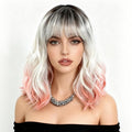 NOBLE Colourful Short Bob Wigs with Bangs for Women 3 Tone Ombre Greyish white root to Pink Color Short Wavy Bob Hair Wig Shoulder Length Synthetic Heat Resistant Bob Wigs