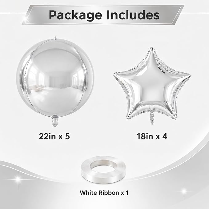 9 Pcs Silver Round Foil Balloons and Star Balloons 22/18 4D Ball Balloon - Image 2