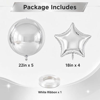 9 Pcs Silver Round Foil Balloons and Star Balloons 22/18 4D Ball Balloon - Image 2