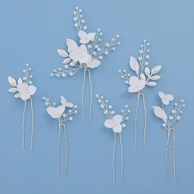 Flower Bridal Hair Pins Pearl Bride Wedding Hair Pieces Leaf U Shaped Hair Accessories Headpiece for Wedding Brides Women Girls（6 PCS） (Silver/Beads White Flower)