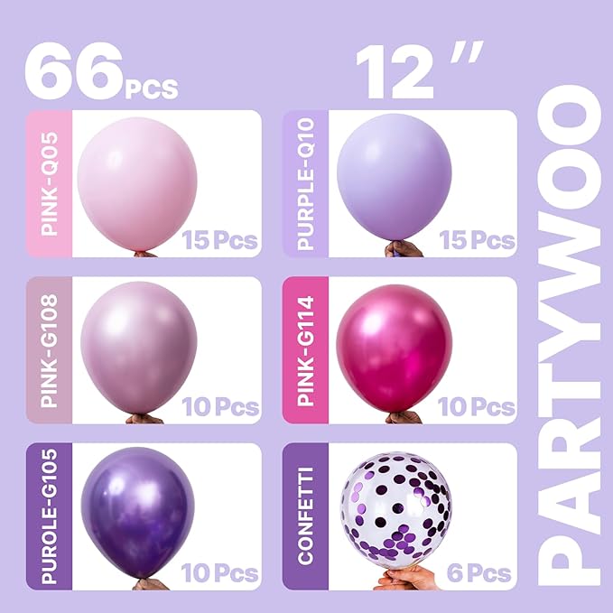 PartyWoo Pink and Purple Balloons 66pcs Baby Metallic Pink Purple Balloons | - Image 2