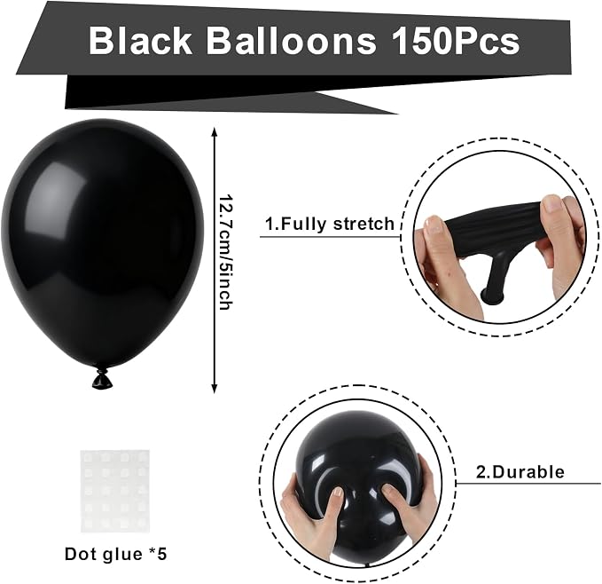 Patimate Black Balloons 150 Pack 5 Inch Matte Black Latex Balloons | Birthday - Image 2