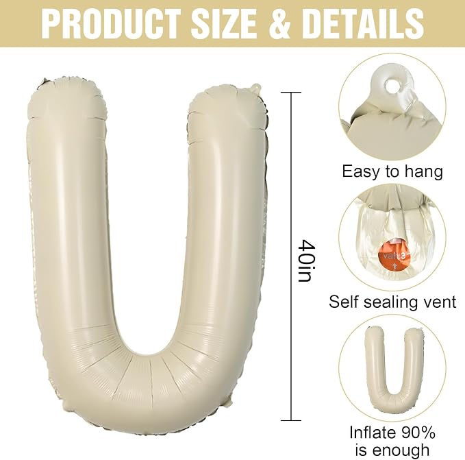 Cream U Letter Balloons, 40 Inch Letter U Balloon Beige, Helium Custom Letter - Image 2