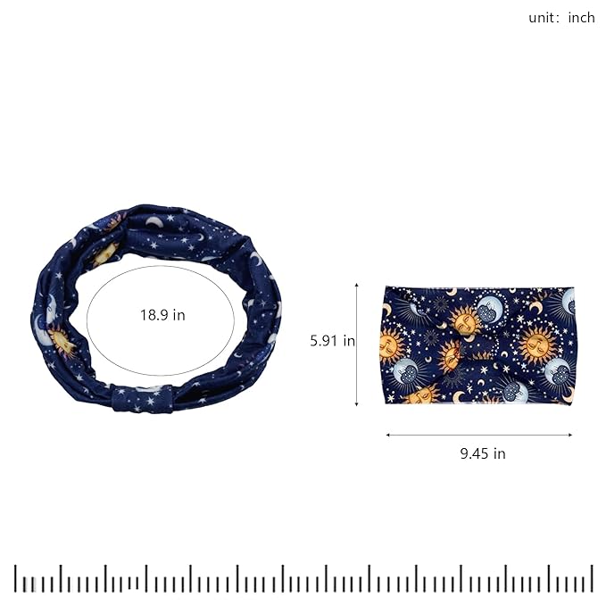 Headbands for Women, 4 Pack Boho Cotton Headbands with Moon & Star Print, Non-Slip Wide Head Bands for Yoga, Fitness, Workout, Thick Stretchy Hair Band Accessories