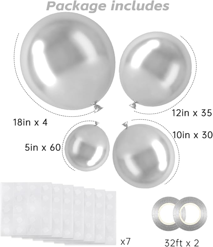 RUBFAC Silver Balloons Different Sizes 129pcs Metallic Balloon Arch Kit | - Image 2