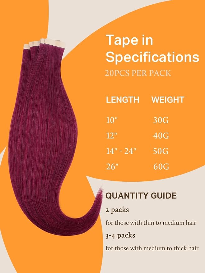 DOORES Human Hair Extensions Tape in, 26 Inch 60g 20pcs, Burgundy Tape in Extensions Human Hair Silky Straight Skin Weft Natural Hair Extensions Remy Hair