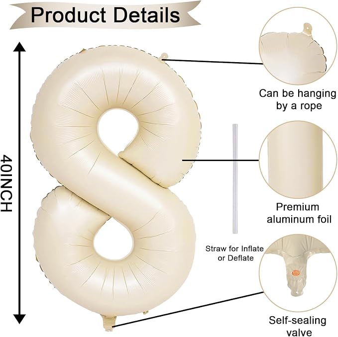 40 Inch Balloon Number 8 Beige, Large Foil Cream Number 8 Balloons Set 0-9 - Image 2