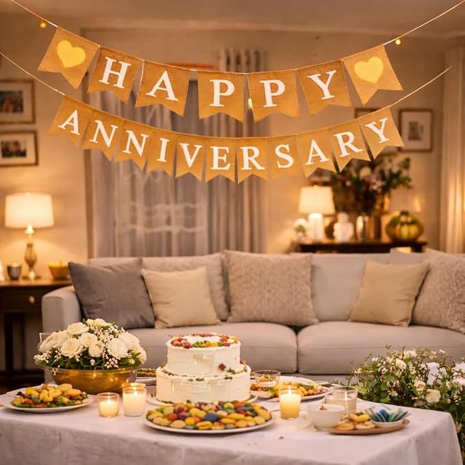 "Happy Anniversary" Burlap Banner – Rustic “Happy” and “Anniversary” across - Image 8